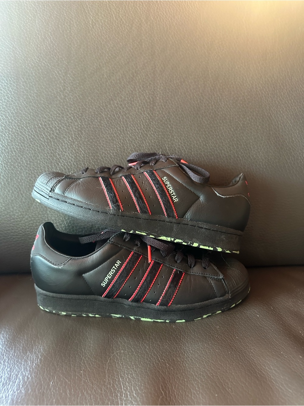adidas Black Sneakers with Red Stripes and Lime Speckle Sole